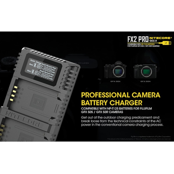 FX2 PRO Dual Slot USB Digital Charger For Fujifilm NP-T125 Camera Batteries